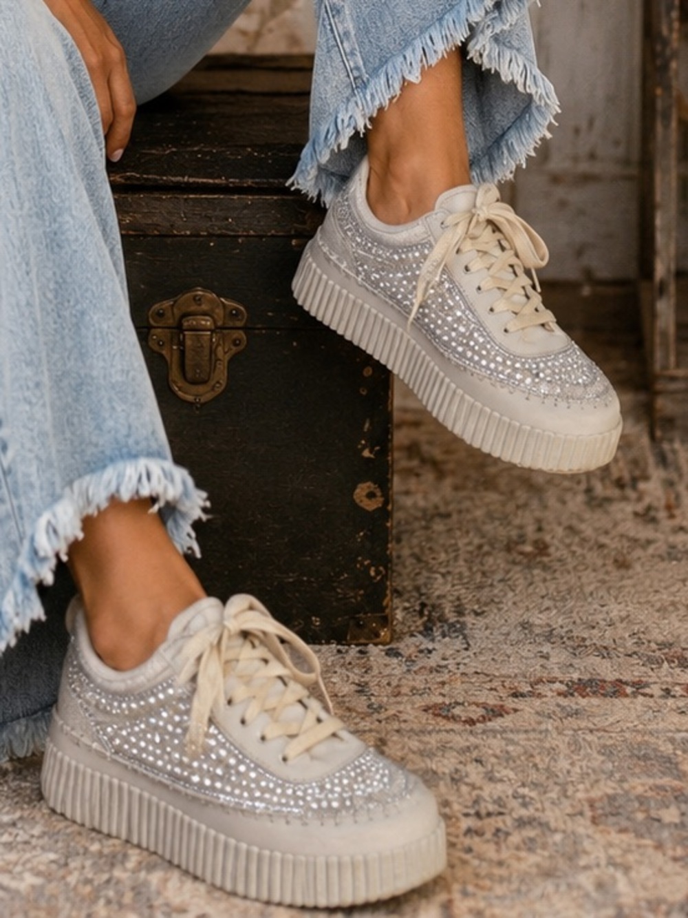 BAMBOO Pearl-Embellished Beige Platform Sneakers women’s Size 6/37